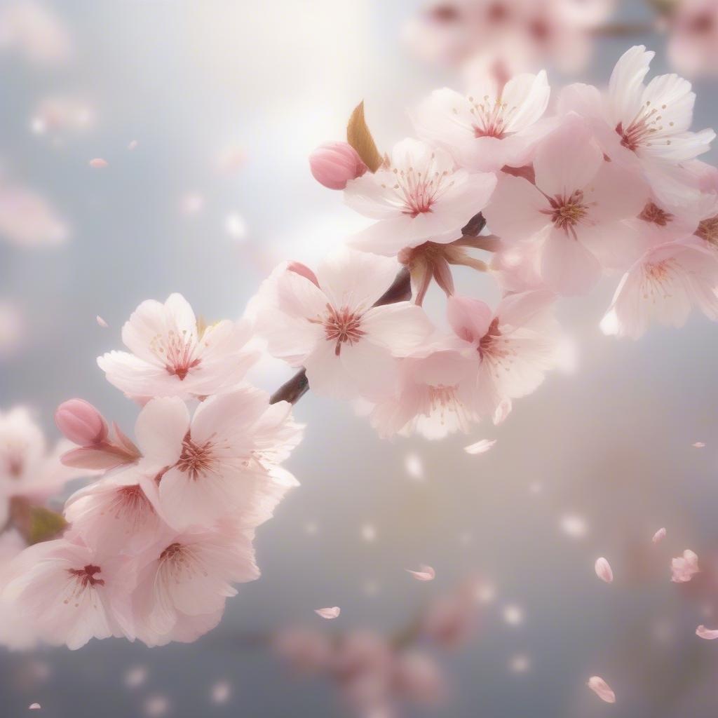 A beautiful, serene springtime scene featuring cherry blossom branches with delicate pink flowers against a soft gradient background.