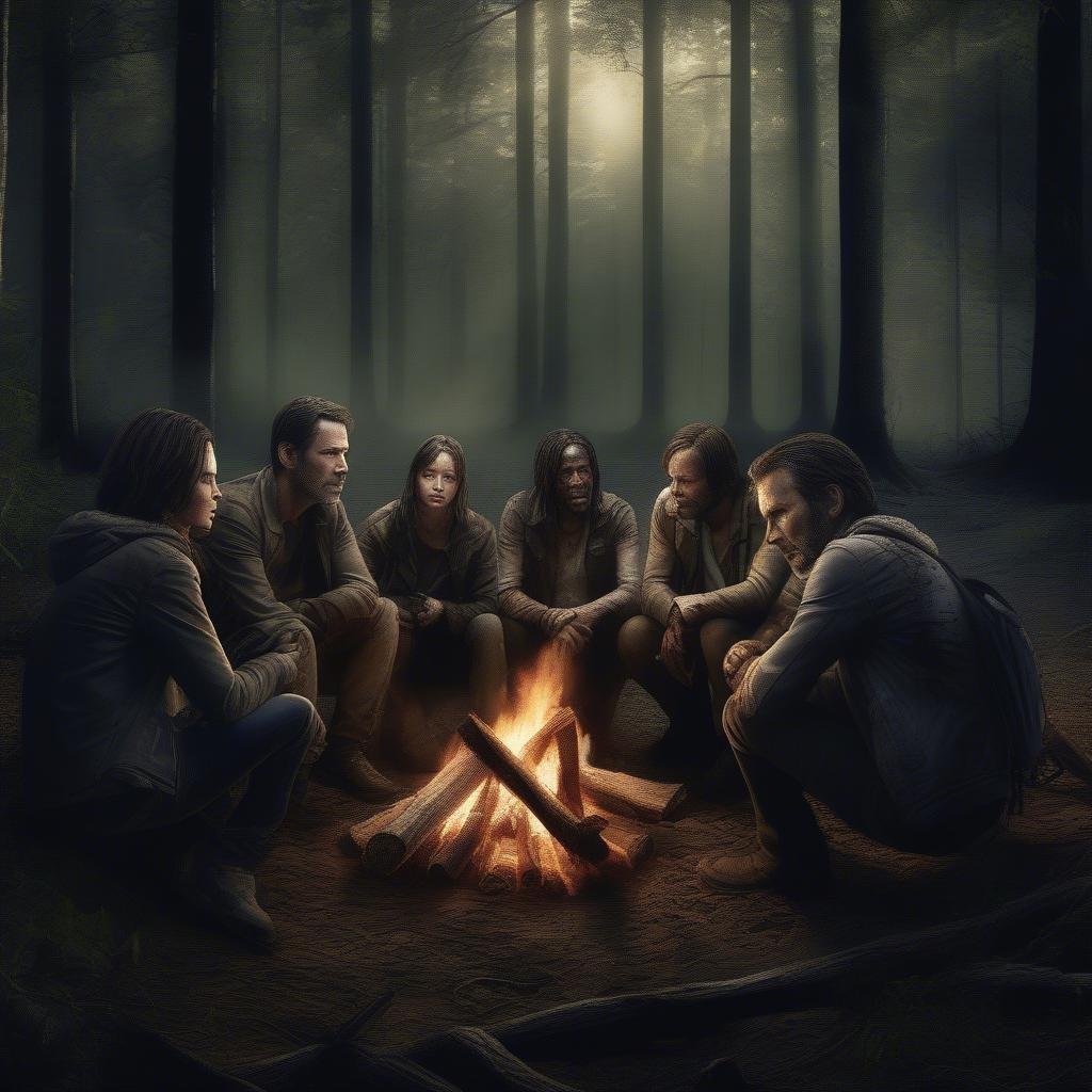 A serene and intimate moment captured in this image, featuring Keanu Reeves and Carrie-Anne Moss from the iconic TV series 'John Wick' sitting around a campfire in the woods. The atmosphere is peaceful, with the warm glow of the fire casting a golden light on their faces, and the surrounding trees creating a sense of seclusion. It's a moment of camaraderie and relaxation, a stark contrast to the intense action and drama that unfolds in the series.