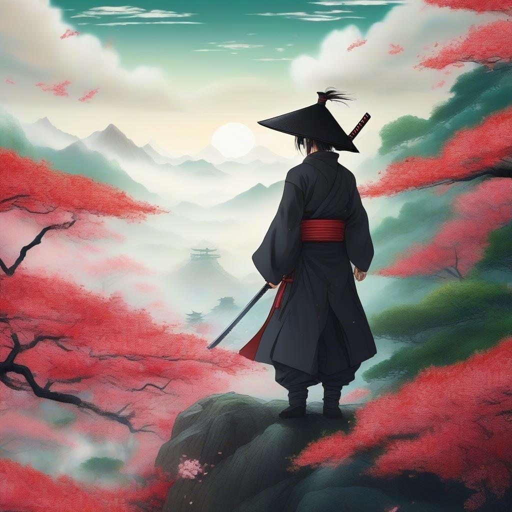 In questa illustrazione anime, vediamo un giovane samurai, vestito con abiti tradizionali e con una spada in mano. Si erge risoluto sulla cima di una montagna nebbiosa, affacciandosi su una foresta verdeggiante e un cielo blu sereno.