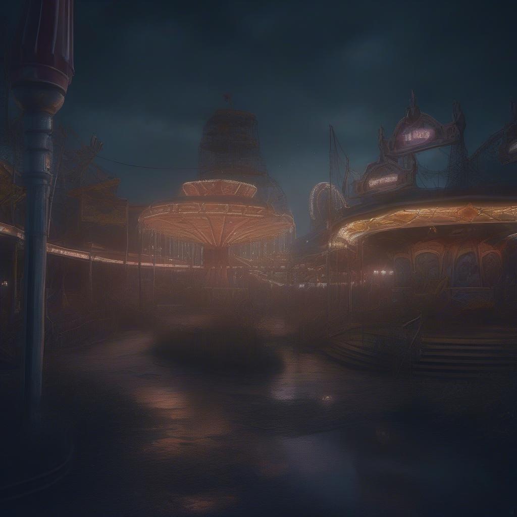 A misty night at an abandoned amusement park, where old rides stand quiet in the rain. The glow from distant lights creates a spooky atmosphere.