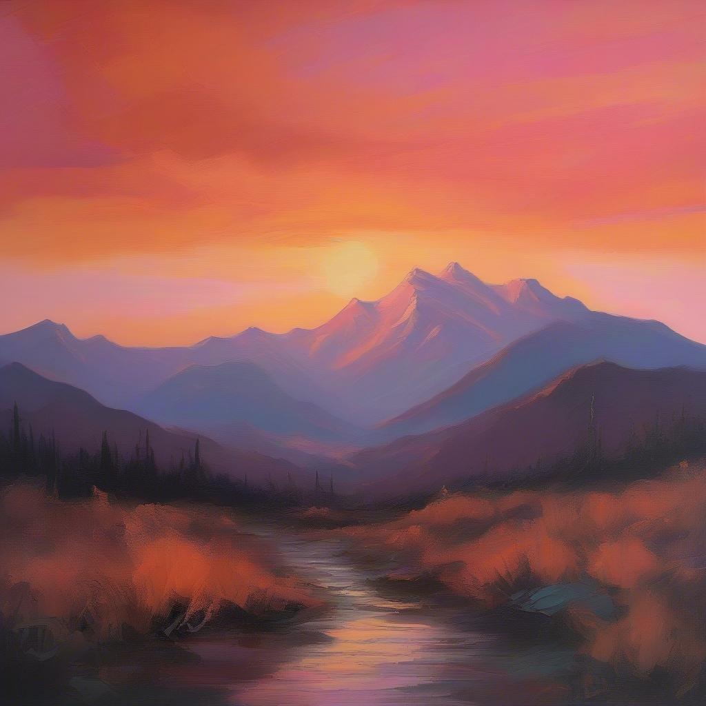 Escape to a world of tranquility with this stunning mountain sunset wallpaper, featuring a majestic mountain range, a serene river, and a breathtaking sky.