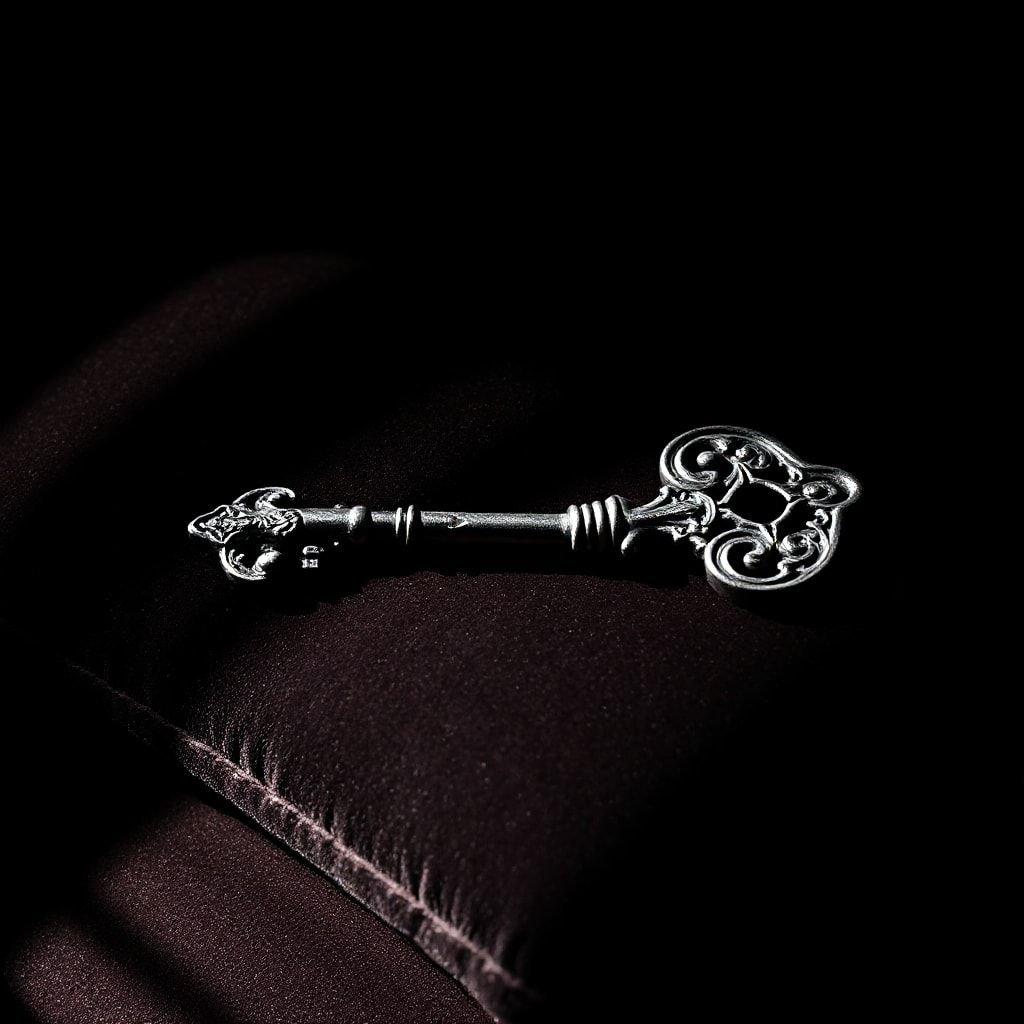 A solitary key resting on a velvet surface, evoking curiosity about what lies beyond.