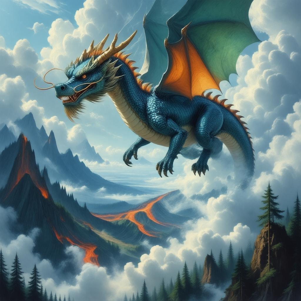 Tauchen Sie ein in die fesselnde Welt des Anime mit dieser atemberaubenden Illustration eines majestätischen Drachen, der über eine neblige vulkanische Landschaft schwebt. Die lebhaften blauen und grünen Schuppen des Drachen funkeln im Licht, während seine orangefarbenen und gelben Flügel einen auffälligen Kontrast zum bewölkten Himmel bilden. Der üppige, dunkle Wald im Vordergrund verleiht der Szene Tiefe, die in einem warmen, animeartigen Glanz getaucht ist.