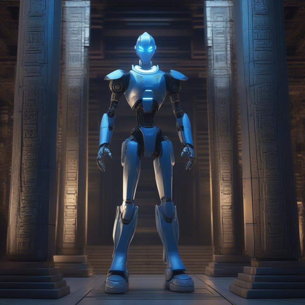 Explore the future with this robotic avatar standing confidently amidst ancient architecture.