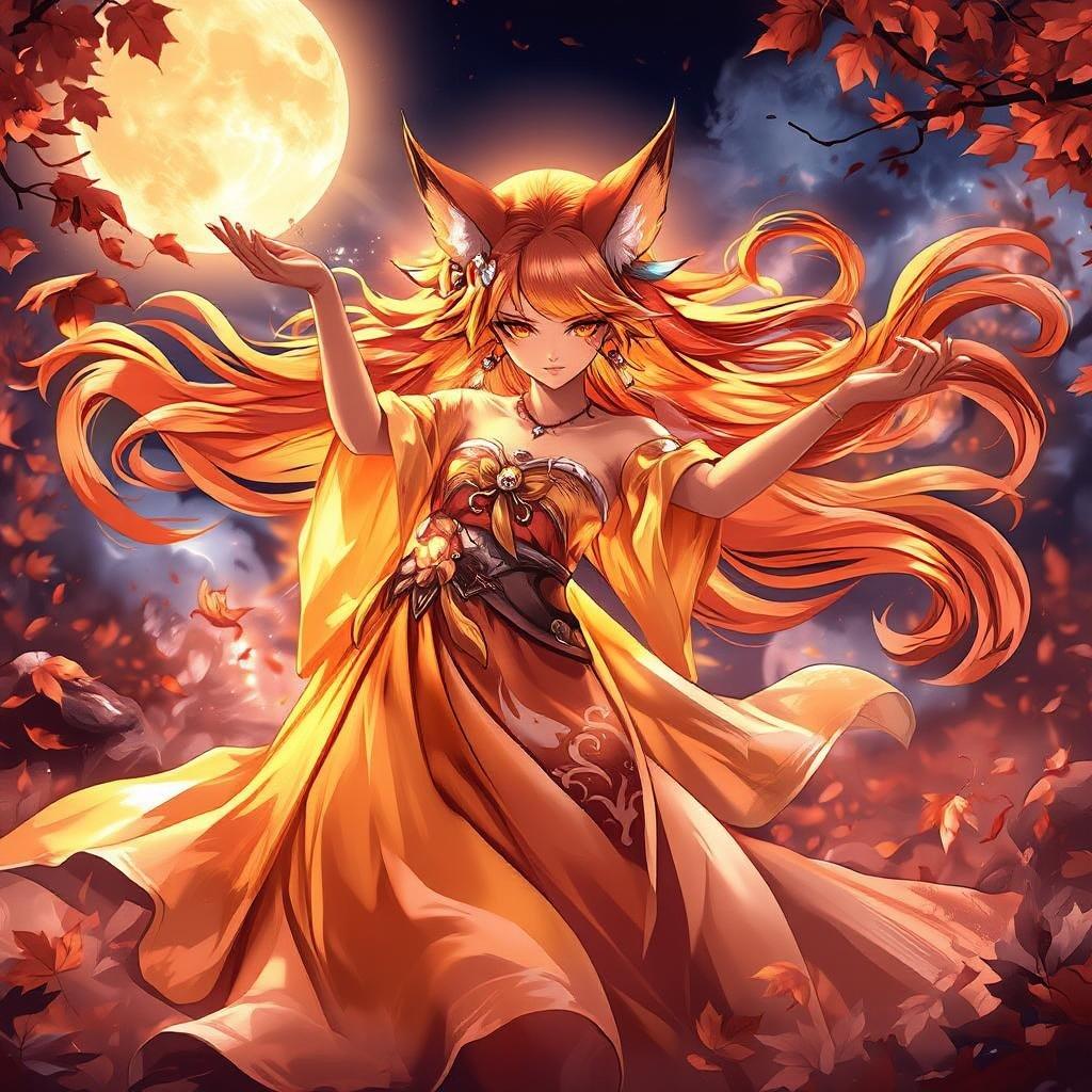 Immerse yourself in the enchanting world of anime with this captivating wallpaper featuring a kitune goddess dancing under the full moon.