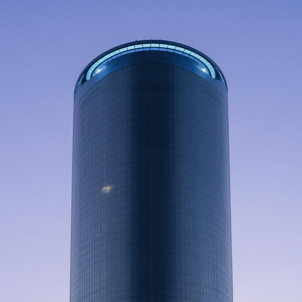 This anime-inspired skyscraper is a futuristic marvel, boasting a curved roof and a large circular window at the top. The building's dark gray hue is accentuated by a glimmering blue light, while two small lights on the roof add a touch of elegance. The bright white light in the bottom left corner and the bright lights on the right and left sides create a sense of depth and dimensionality.