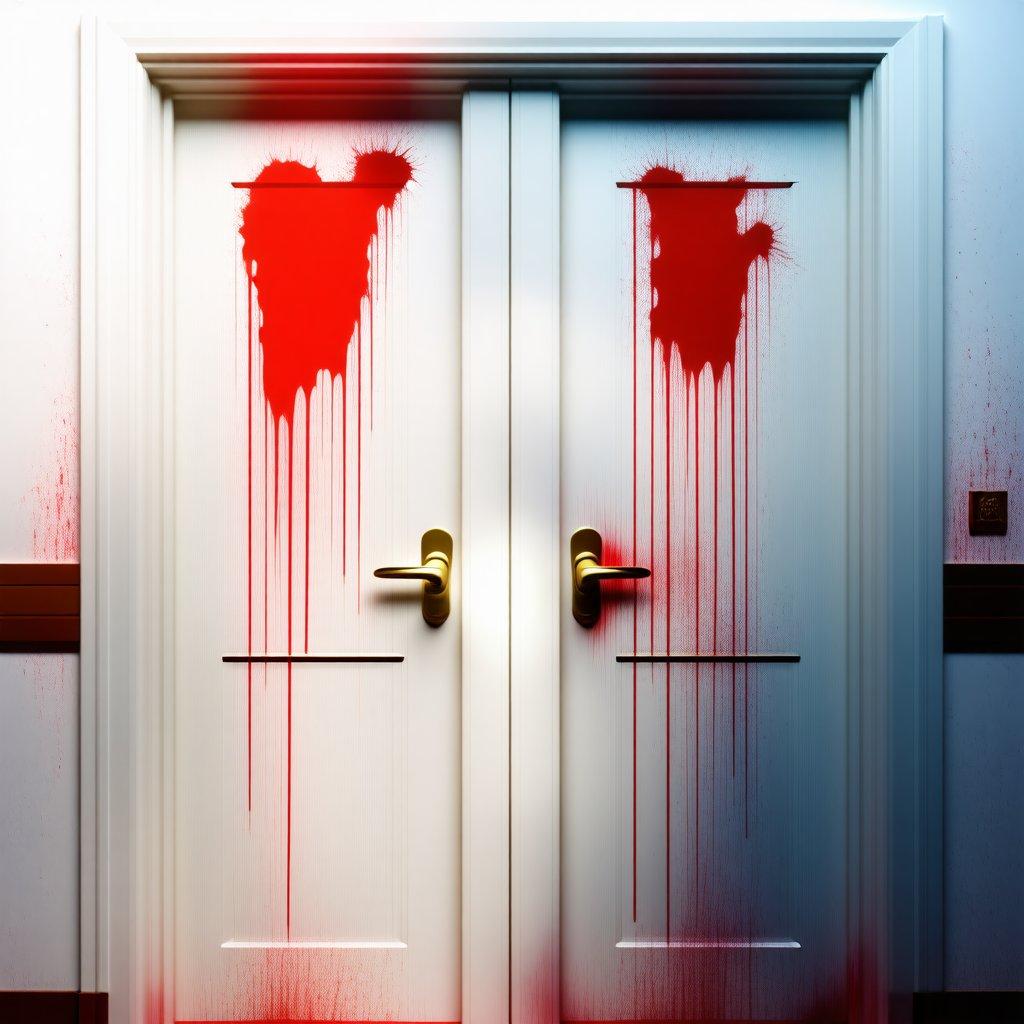 This horror-themed wallpaper features a pair of blood-spattered white doors, evoking the suspenseful atmosphere of a thrilling movie or game.