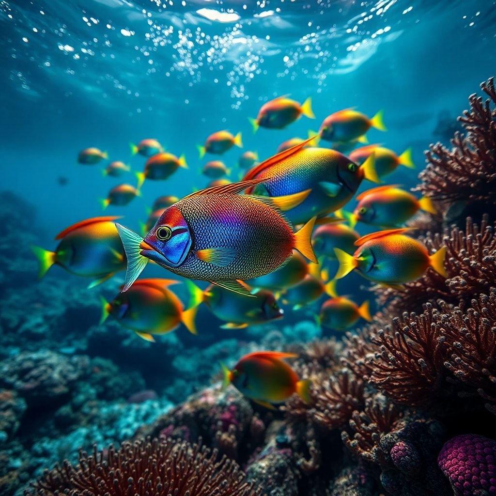 Immerse yourself in the stunning beauty of our underwater world with these radiant fish, their iridescent scales shimmering amidst the coral reefs.