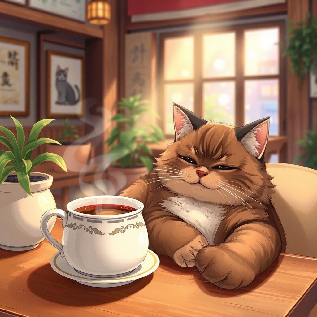 Get ready to relax with this adorable anime wallpaper featuring a cat and steaming coffee cup in a cozy Tokyo cafe. Perfect for anime fans and coffee lovers alike.