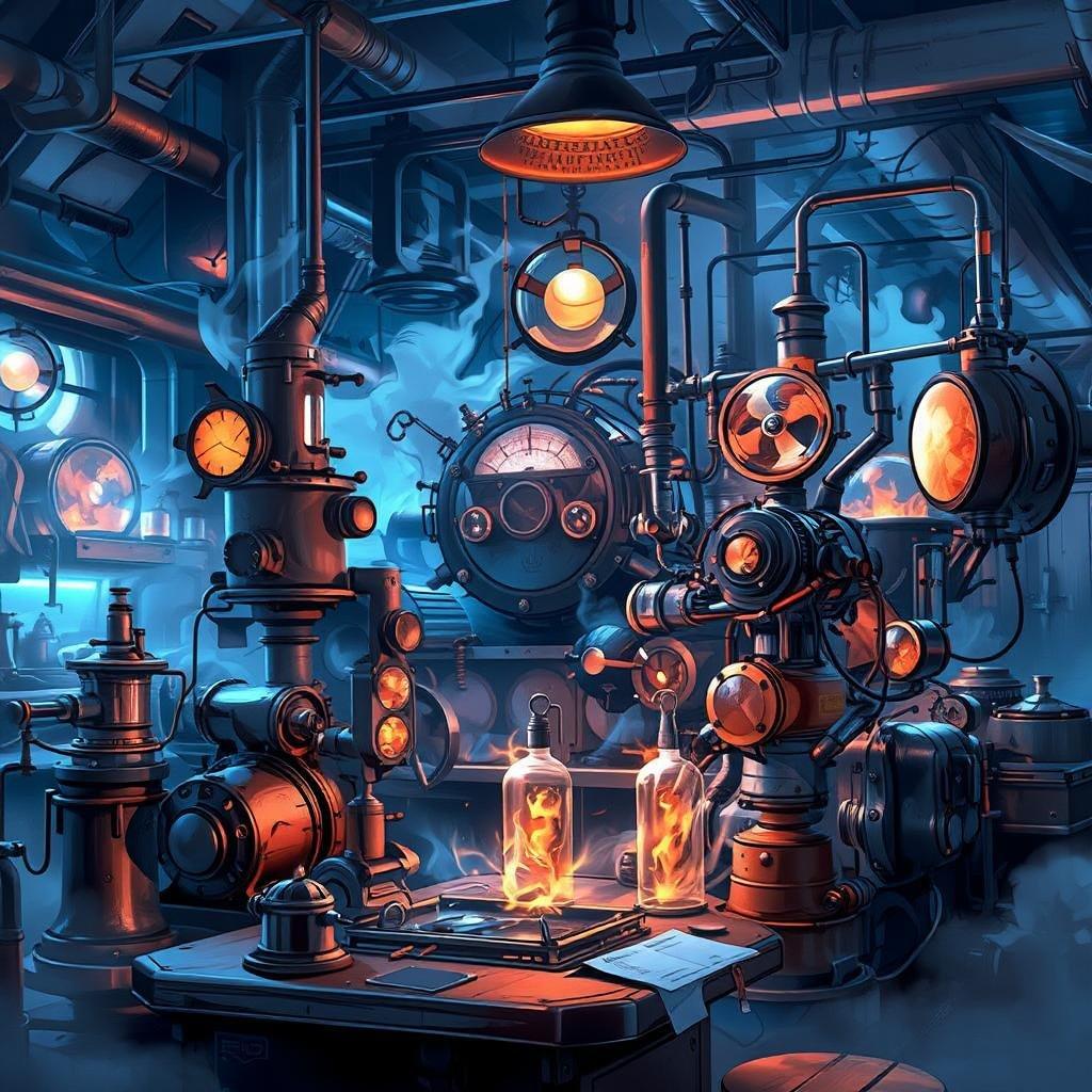 Step into the world of steampunk with this captivating wallpaper, where intricate machinery and equipment take center stage amidst a misty, enigmatic atmosphere.