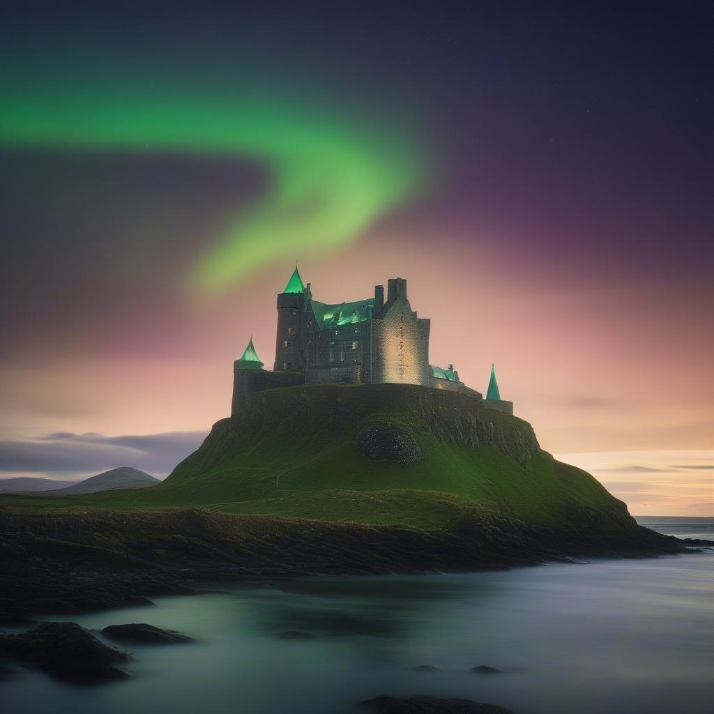 Eine ruhige Küstenansicht mit einem beeindruckenden Schloss unter einem lebhaften Aurora-Himmel, perfekt für Ihre Desktop- oder mobile Feier zum St. Patrick's Day.