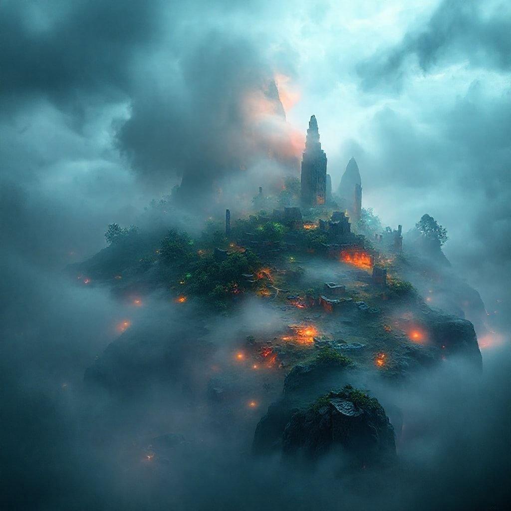 Une île fantastique enveloppée de brouillard et de mystère, avec une structure semblable à un château au centre. Le brouillard ajoute un sentiment de mystère et de fantaisie à la scène.