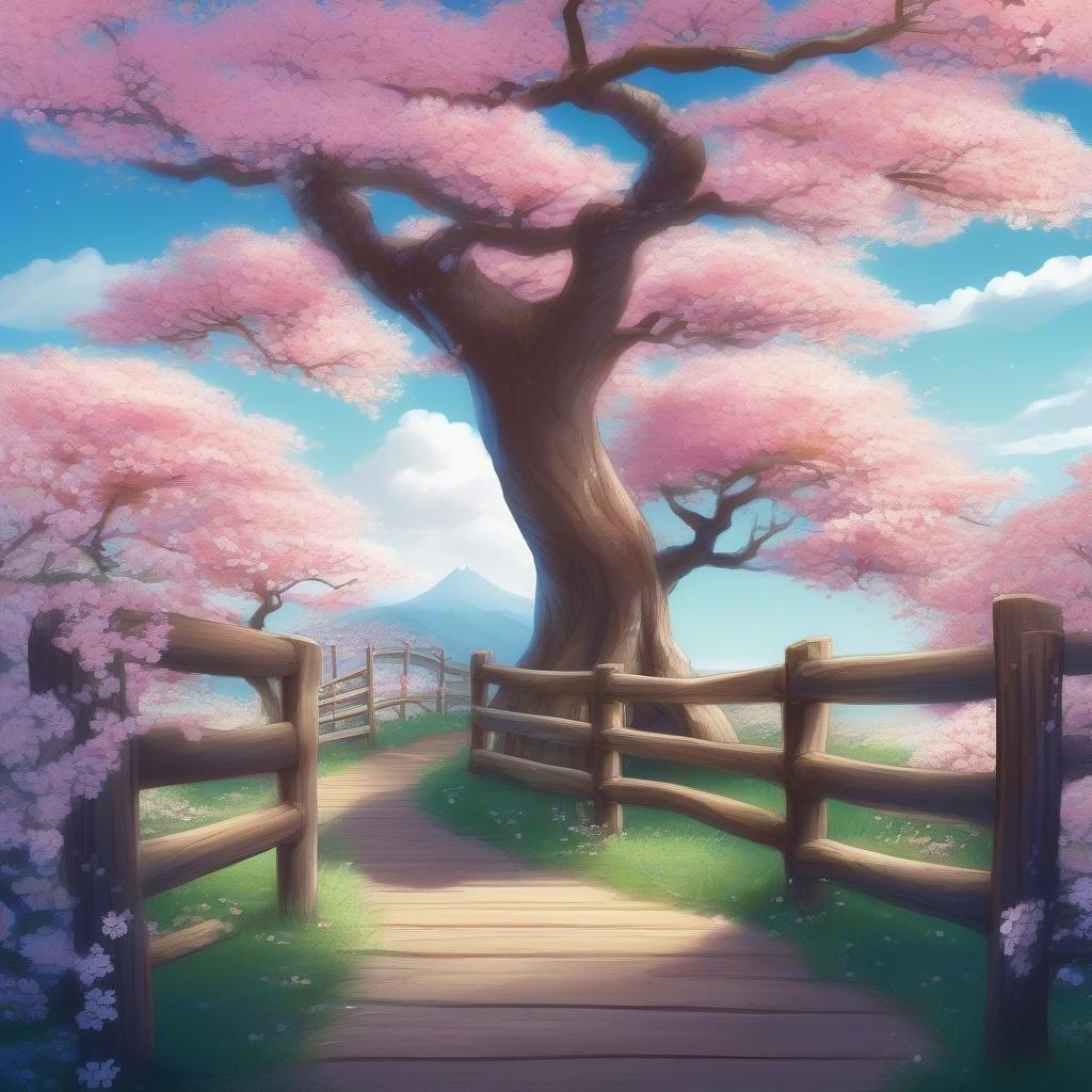 En anime-inspireret illustration af en malerisk havevej, der er kantet med kirsebærtræer og bonsai-træer, under en blød blå himmel.