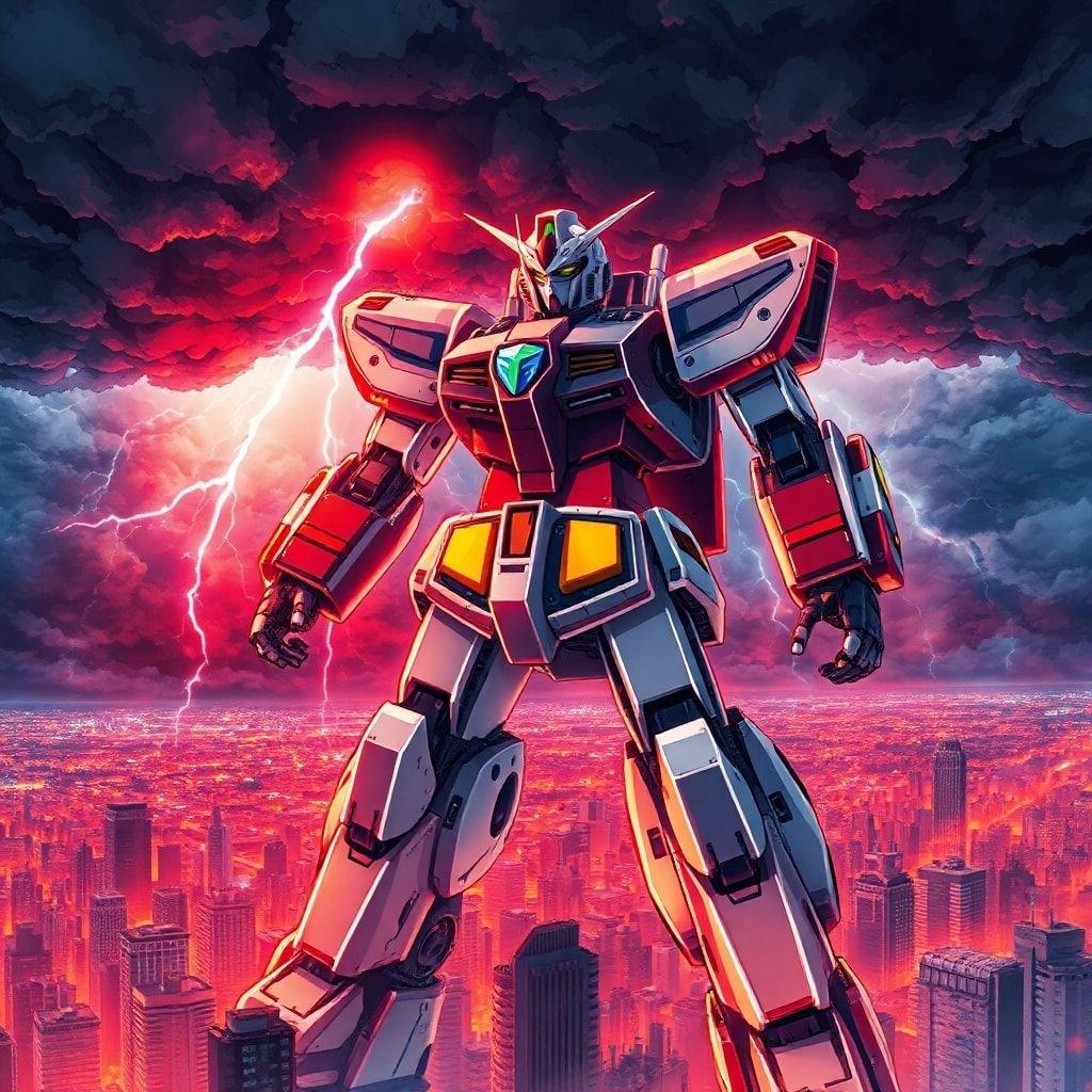 Get ready to unleash your inner otaku with this epic anime wallpaper featuring a towering mecha robot standing tall over a cityscape, with a massive storm brewing in the background. The robot's sleek armor and intricate mechanical parts are showcased in stunning detail, while its body proudly displays a blue and green emblem. The scene is bathed in a fiery red and orange glow, capturing the essence of action and power amidst chaos.