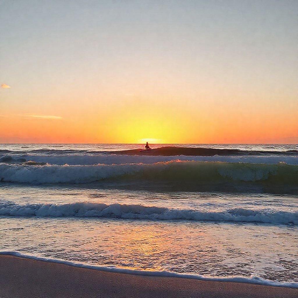 A tranquil evening scene at the beach as the sun sets, casting a warm glow over the ocean.