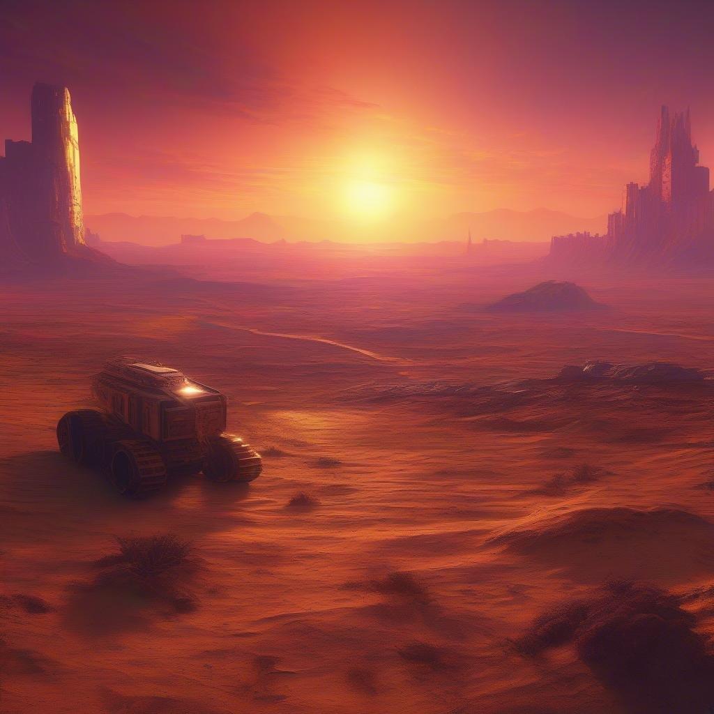 A futuristic landscape with a vehicle in the foreground and a cityscape in the background, set against a vibrant orange and yellow sky.