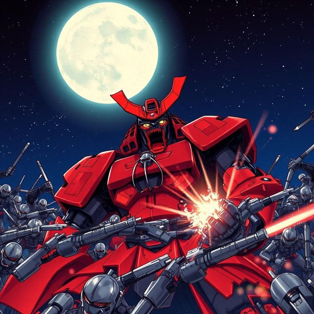 This anime wallpaper features a samurai robot in a fierce battle against a horde of robotic ninjas on a moonlit night.