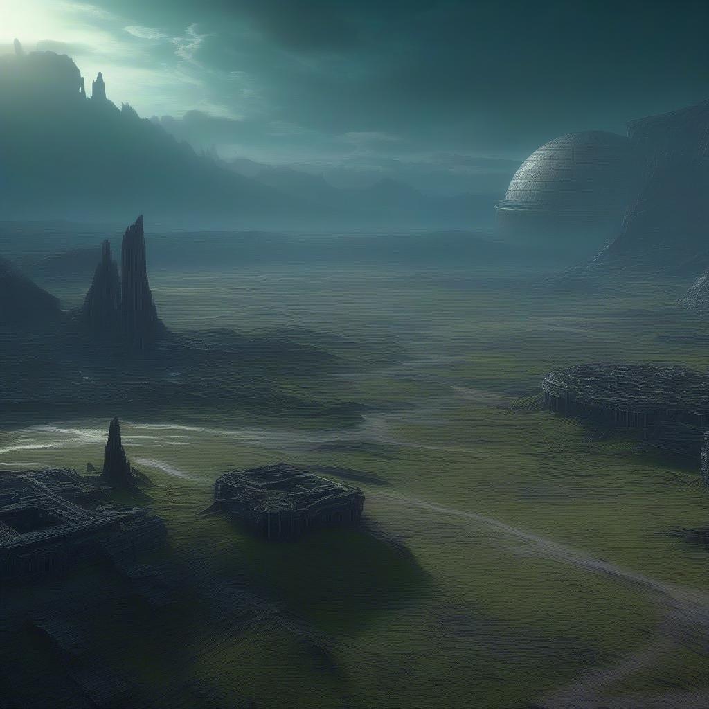 This image is a stunning representation of a sci-fi landscape, with its dark and desolate atmosphere, towering rock formations, and mysterious structures. The image is perfect for fans of science fiction and fantasy, and would make a great desktop wallpaper or mobile background.