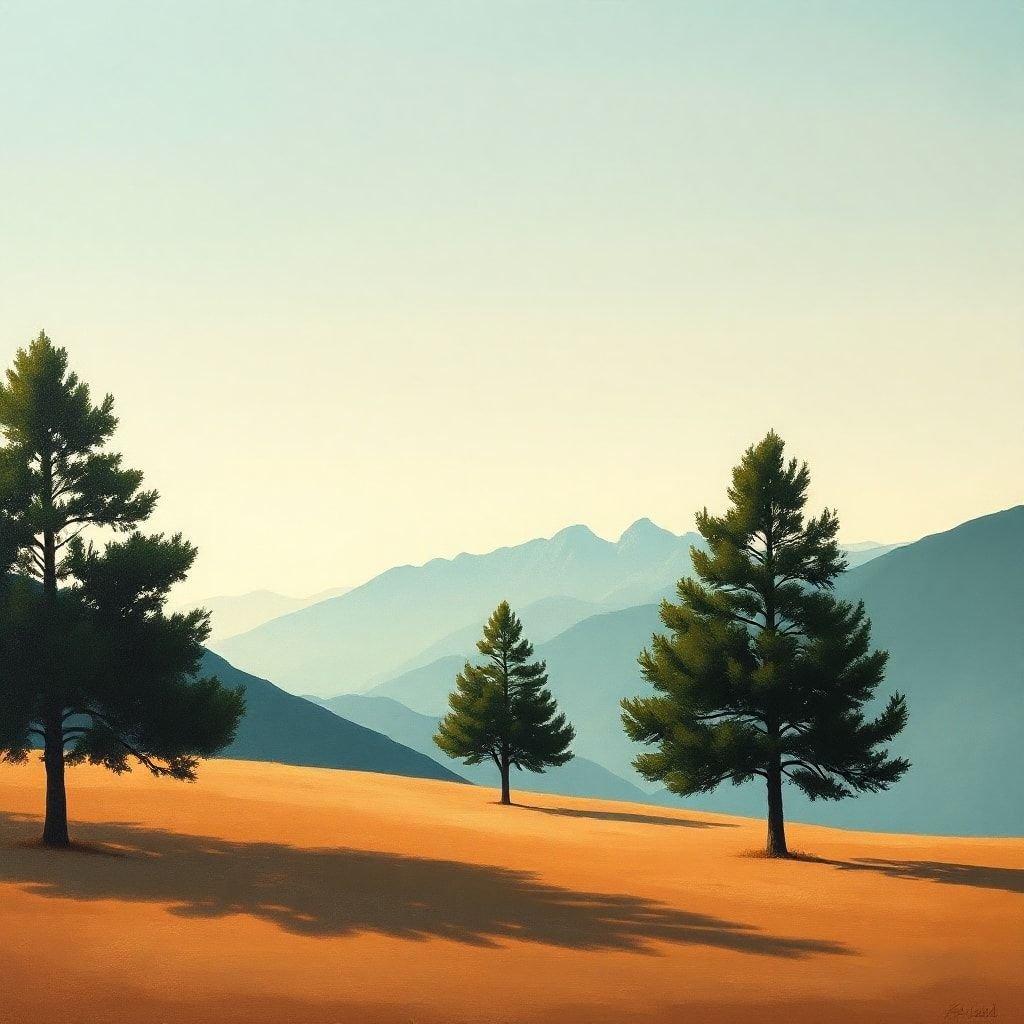 A tranquil scene where the sun dips below the horizon on a clear day, casting long shadows and painting the sky with warm hues. The silhouettes of tall coniferous trees mark the serene landscape.