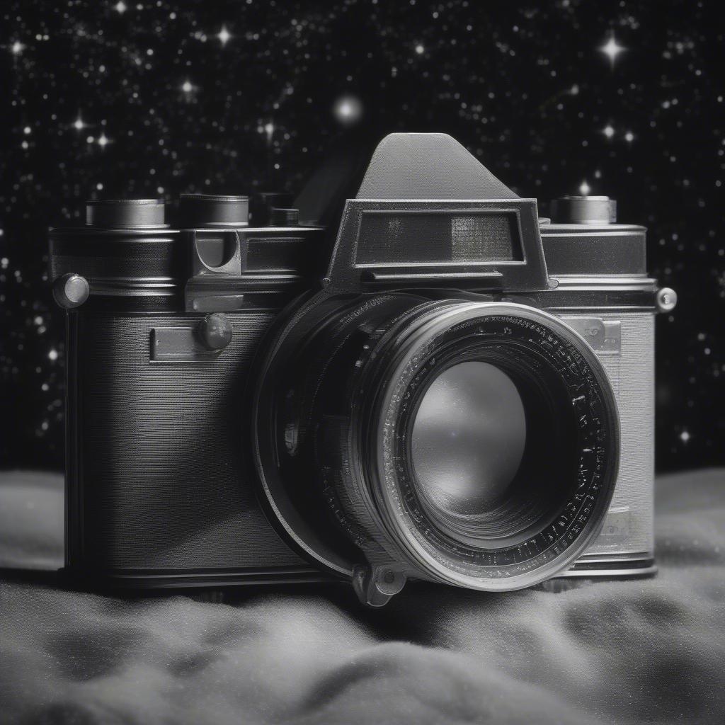 A stunning black and white shot featuring a classic camera gazing out into the cosmos. The monochrome palette evokes a sense of timeless photography amidst the celestial backdrop.