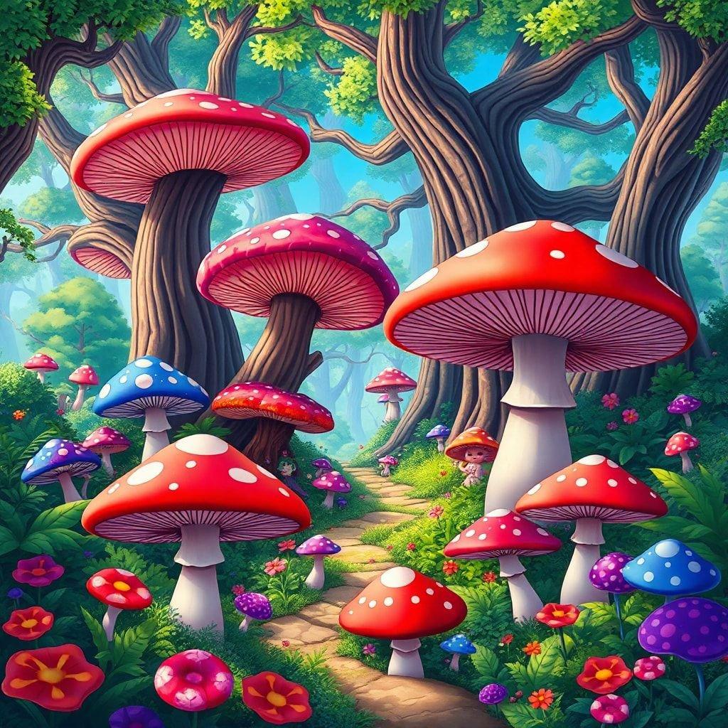 Este fondo de pantalla es una hermosa e imaginativa representación de un bosque de fantasía, con gigantescos champiñones y un paisaje caprichoso.