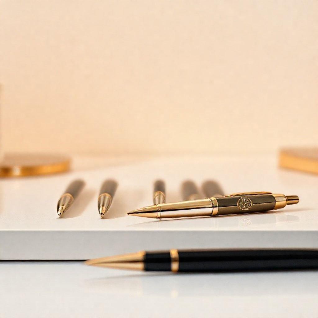 Elegant collection of gold and black pens on a sleek white surface, ideal for minimalist desk spaces