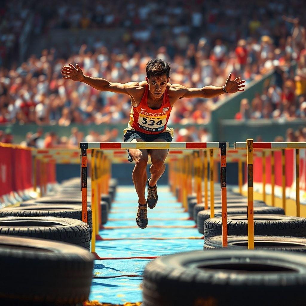 Athlete crossing the finish line, triumphantly raising hands in victory. This image captures the essence of competition and personal best.