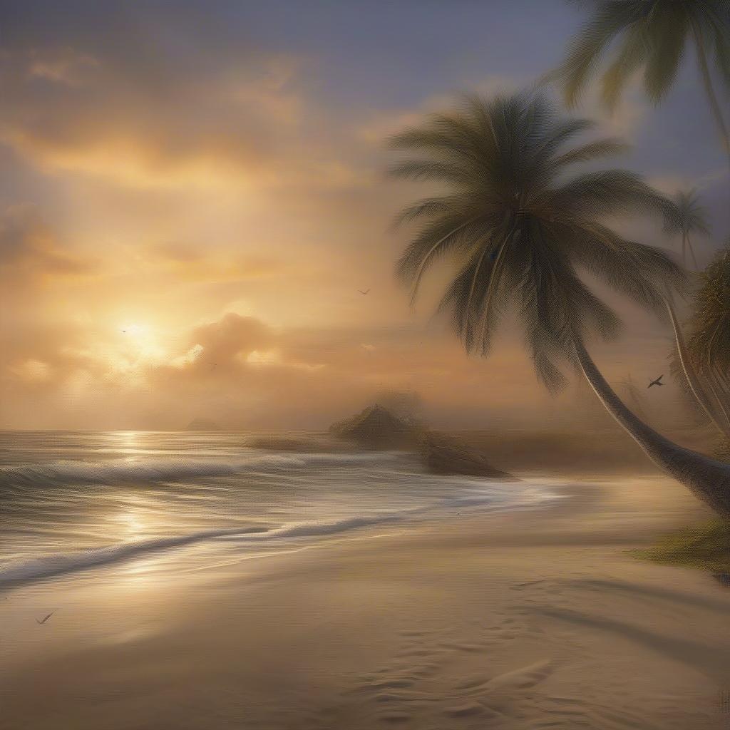 A serene beach scene at sunset, with the ocean waves gently lapping against the shore. This image captures a moment of tranquility and natural beauty.