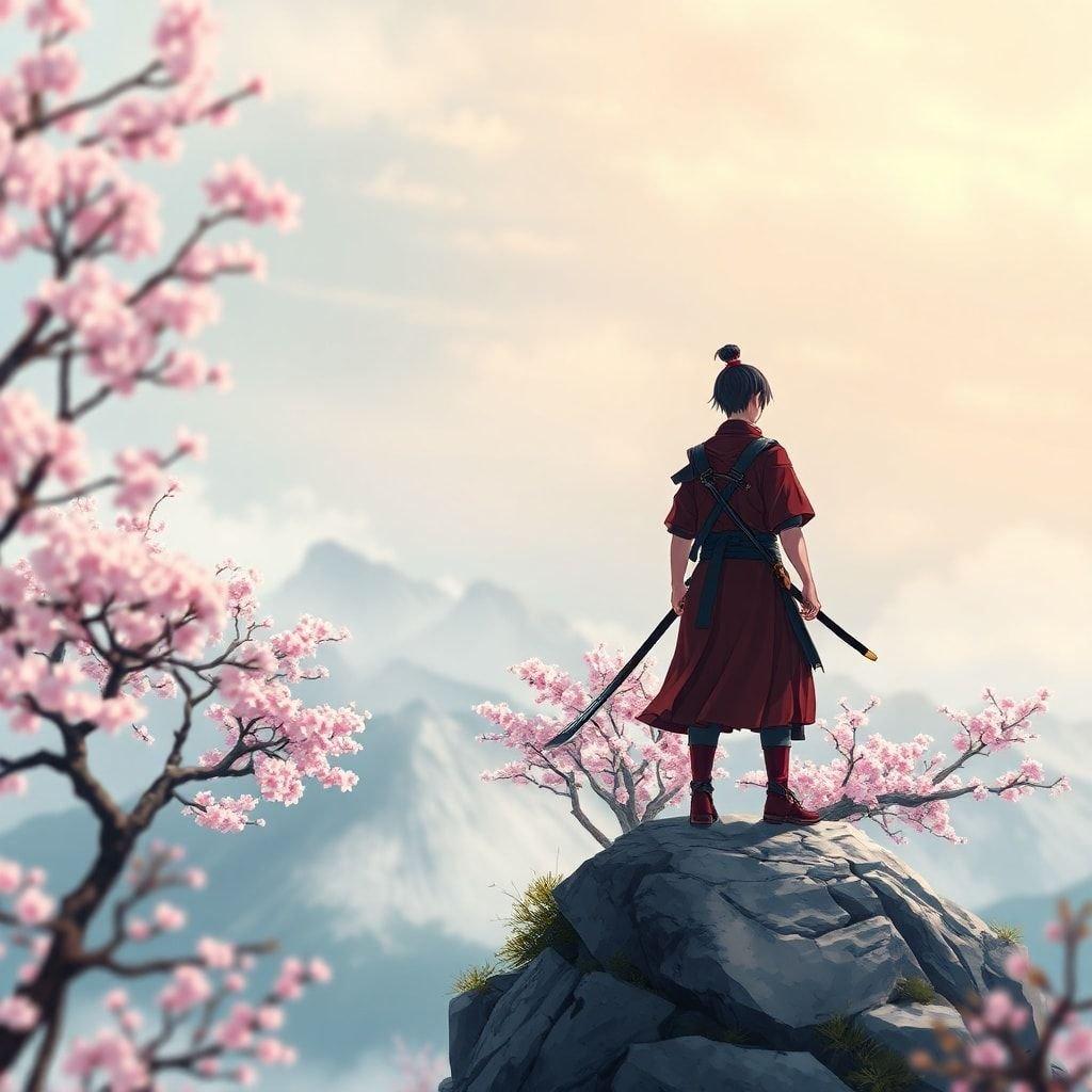 Immergiti nella bellezza serena di un giovane guerriero samurai in piedi sulla cima di una maestosa montagna, circondato da vivaci alberi di ciliegio in fiore e da un cielo nebbioso. Questa affascinante illustrazione anime ti trasporta in un paradiso pacifico, dove lo sfondo a fuoco morbido e l'atmosfera in stile anime si uniscono per creare un senso di tranquillità e meraviglia.