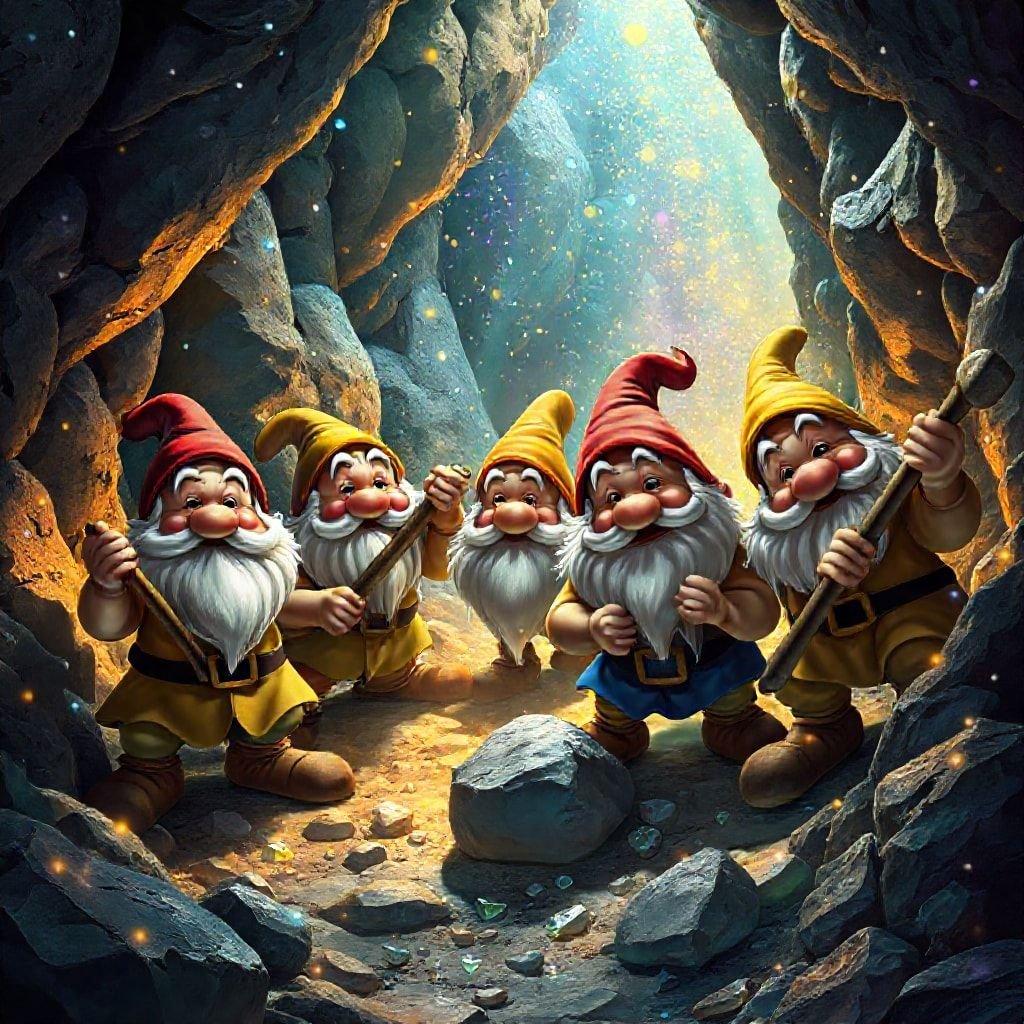 This magical scene showcases four beloved Disney gnomes from Snow White, embarking on an adventure together. The cave's entrance glows with mystical light as they prepare for their journey. This wallpaper is perfect for fans of the classic fairy tale.