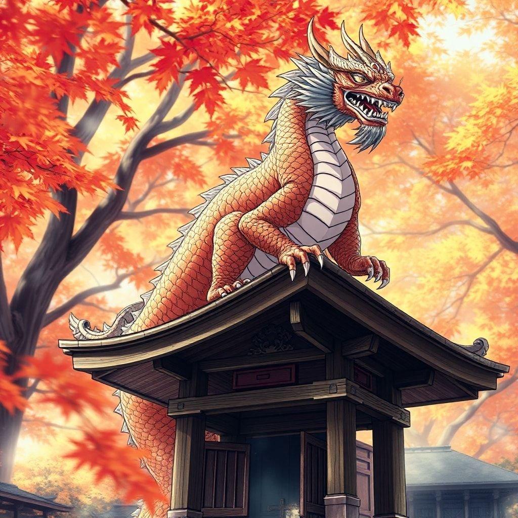 This stunning anime illustration features a majestic dragon perched atop an ancient Shinto shrine, surrounded by the vibrant hues of autumn foliage. The intricate patterns and sharp teeth of the dragon add to the fantasy-like atmosphere, making this image a captivating wallpaper for desktop and mobile use.