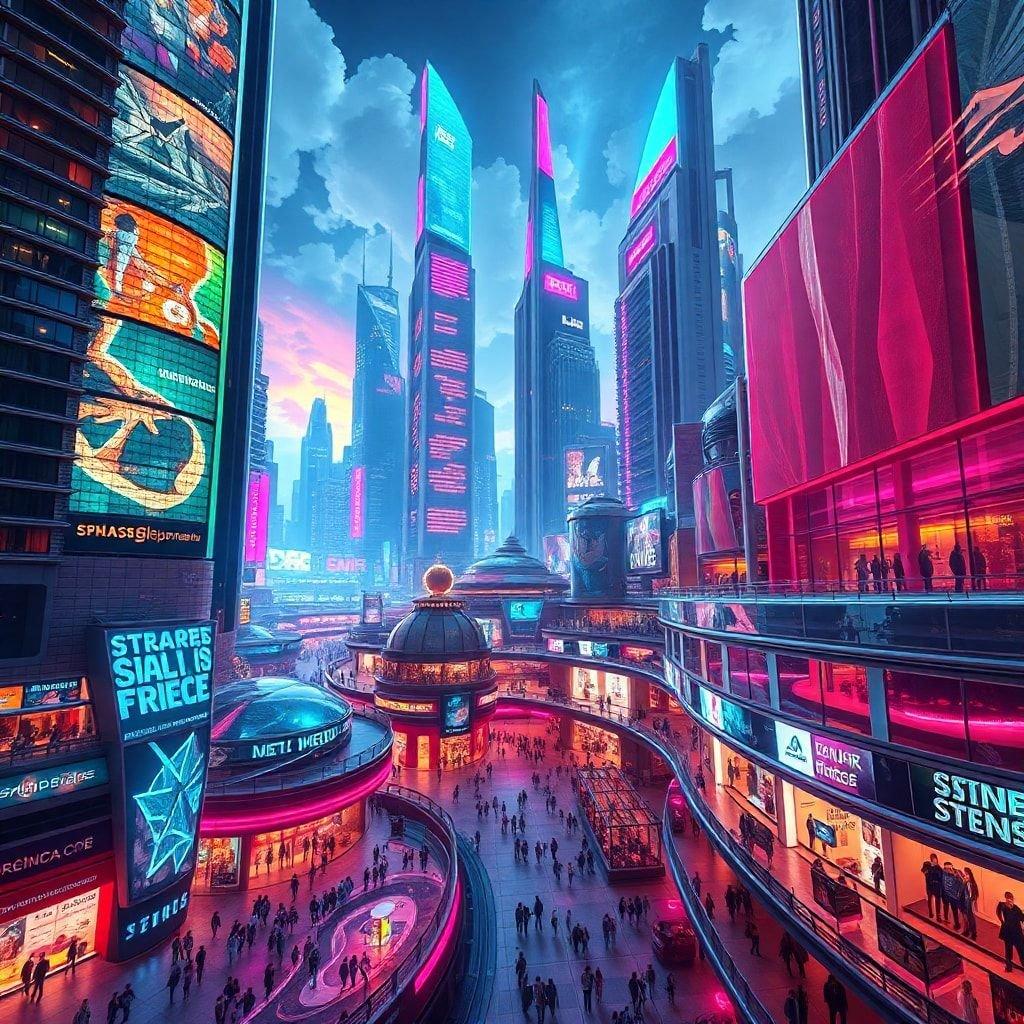 Step into the future with this stunning cityscape, where sleek skyscrapers and bustling streets come alive under the glow of neon lights.