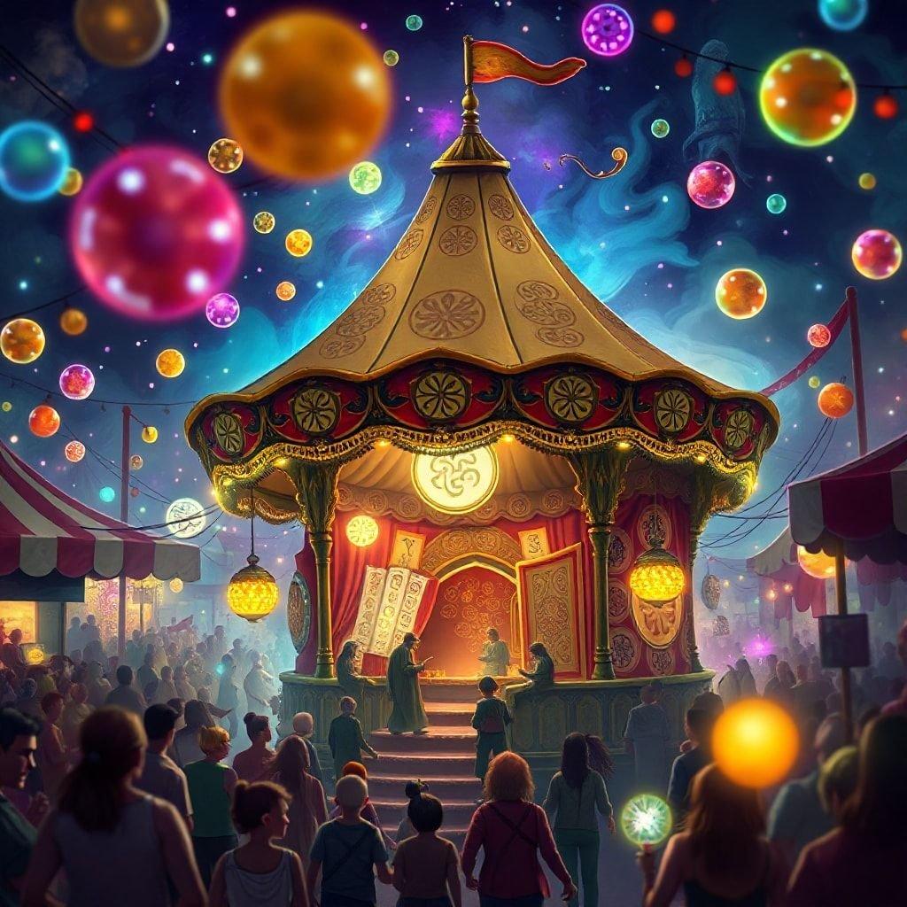 Gaze into the magical glow of a nighttime carnival, where colorful lights dance in the twilight sky and dreams come alive under the watchful eyes of the stars. Amidst the whirl of laughter and shouts of joy, an enchanting spectacle unfolds as the circus tents whisper tales of wonder and delight.