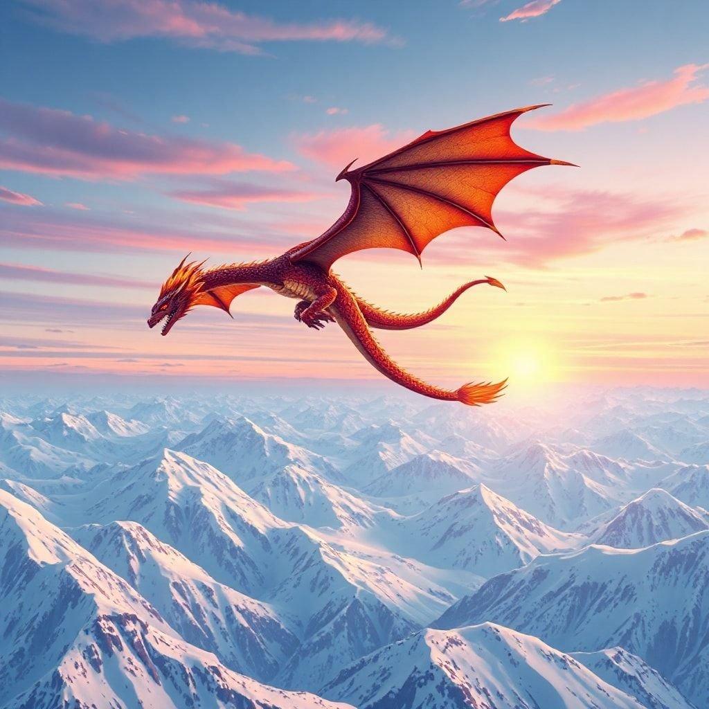 Une scène sereine de style anime d'un dragon s'élevant au-dessus d'une chaîne de montagnes enneigées, avec les couleurs du ciel se fondant en parfaite harmonie.