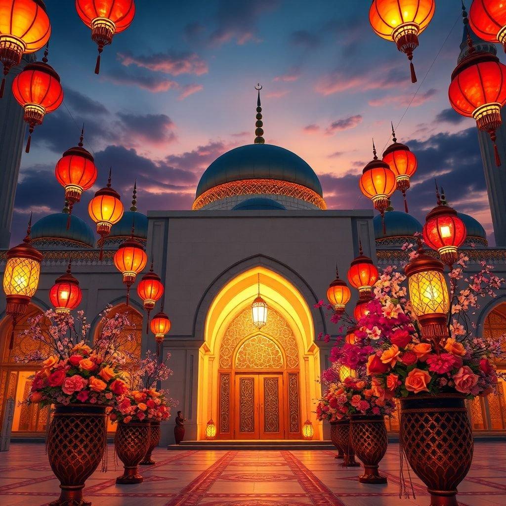 A serene view of an illuminated mosque entrance during the evening, celebrating Ramadan or Eid traditions.