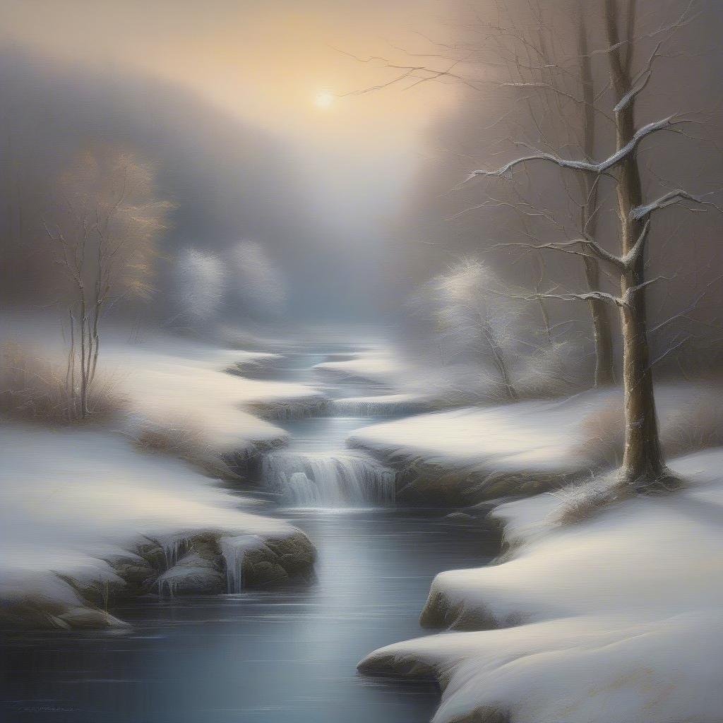 Una escena invernal tranquila con un arroyo que fluye rodeado de árboles cubiertos de nieve. La luz del sol se filtra a través de la niebla y las ramas, creando una atmósfera serena perfecta para fondos de escritorio.