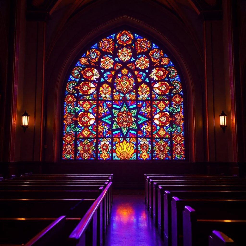 A serene and inviting view of the interior of a church, showcasing an intricate stained glass window against the backdrop of pews, ready for worshippers to join in celebration.