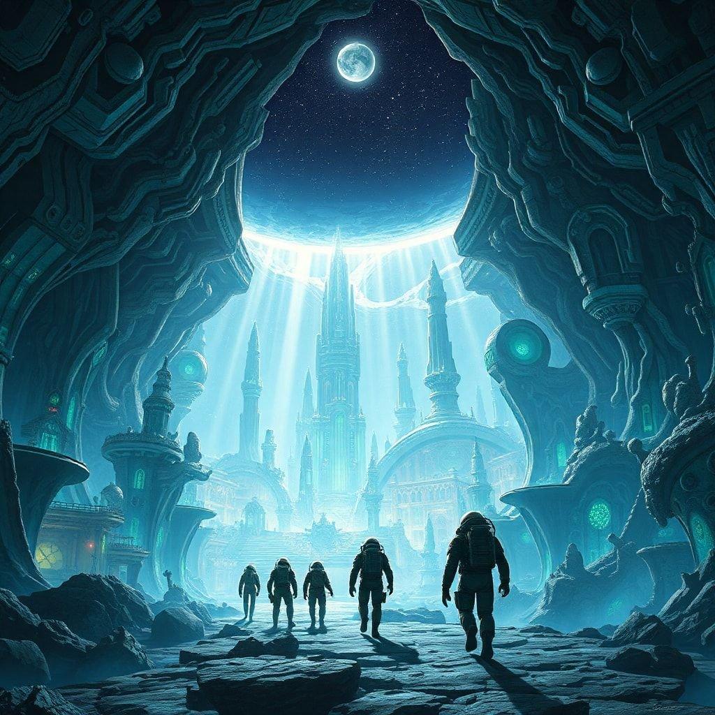 A group of explorers traverse the ancient caverns beneath the moon, where ancient mysteries await discovery.