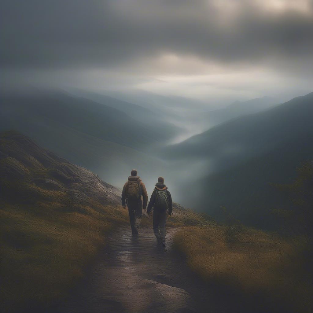 This image captures the essence of a father's love and connection with his child as they embark on a scenic hike together. The serene landscape and the father's gentle guidance create a heartwarming moment that celebrates the special bond between a father and his child.