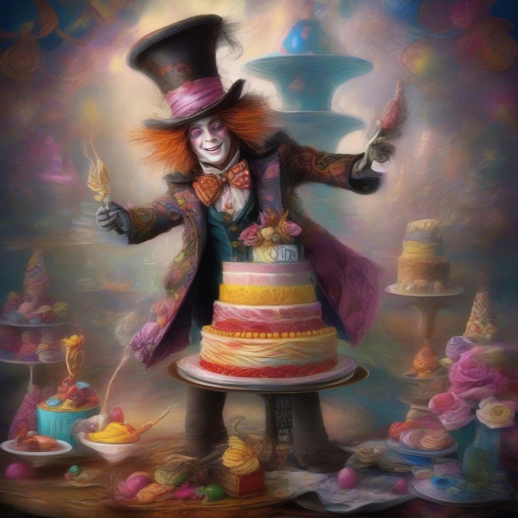 This whimsical wallpaper features the Mad Hatter from Disney's Alice in Wonderland, surrounded by an assortment of colorful cakes and sweets. The image captures the essence of the character's eccentric personality and love for all things sweet.