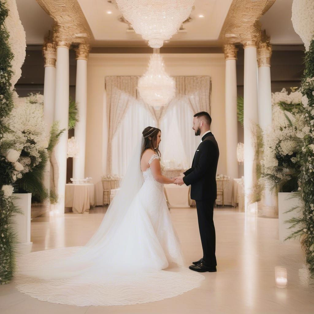 Uma noiva e um noivo compartilham um momento terno no dia do casamento, celebrando seu amor e compromisso em um ambiente opulento.