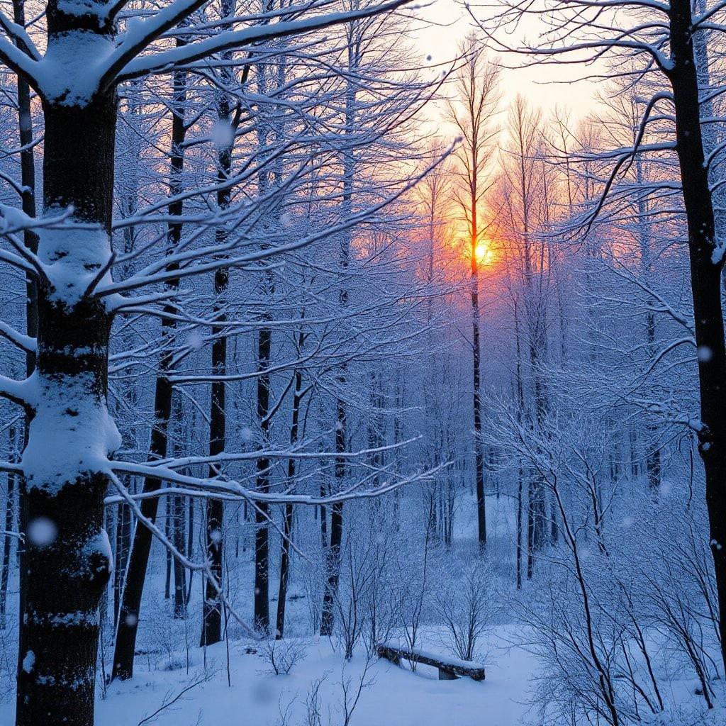 Celebrate the winter season with this festive image, featuring a breathtaking sunset peeking through the branches of a snowy forest.