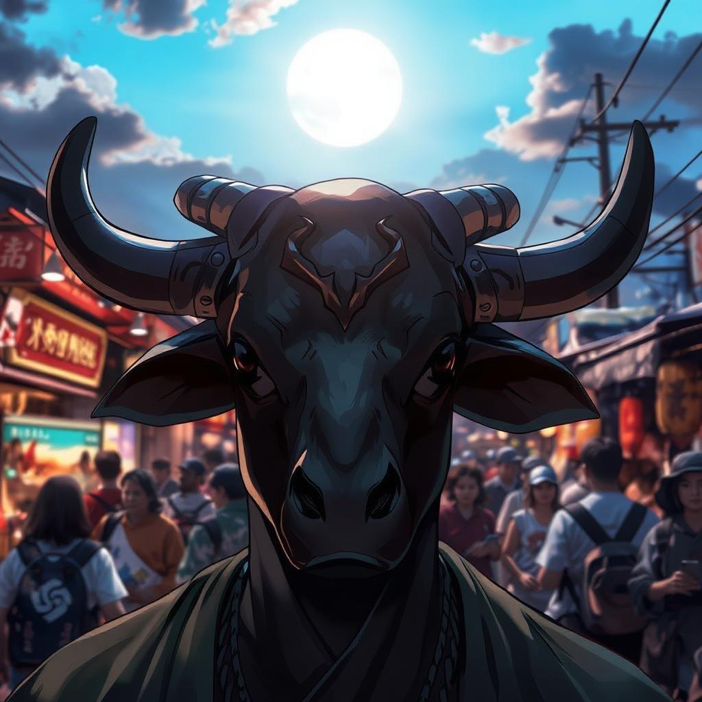 This anime-style bull head wallpaper is perfect for adding a touch of fantasy to your desktop or mobile device. The dark green bull with a black head and face is set against a vibrant blue sky with clouds, creating a striking contrast.