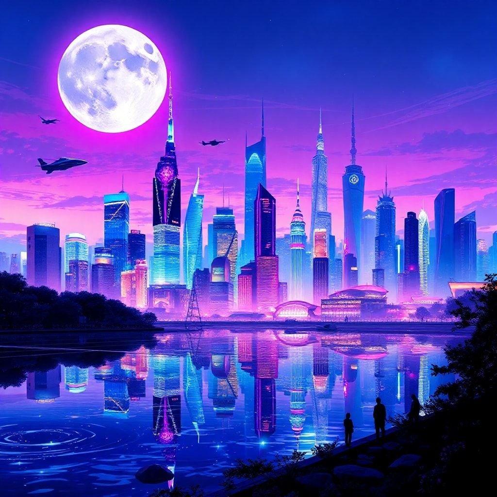 A digital artwork depicting a futuristic city at nightfall, where neon lights shimmer on the water surface in front of the metropolis. The scene is enveloped by a vibrant sky with hues of blue and purple, creating an otherworldly and serene atmosphere.