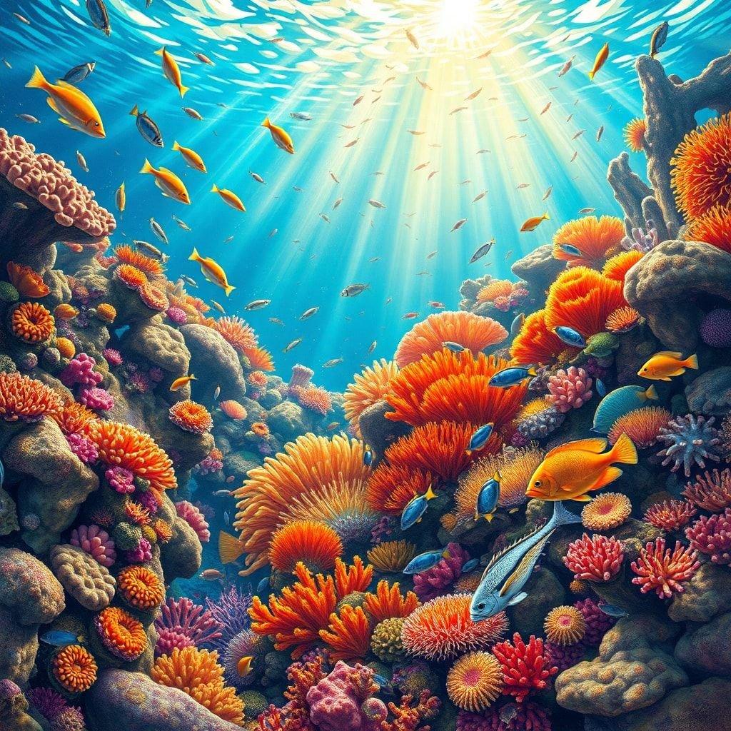 Dive into the vibrant world of this stunning underwater landscape wallpaper, featuring a kaleidoscope of colors and marine life.