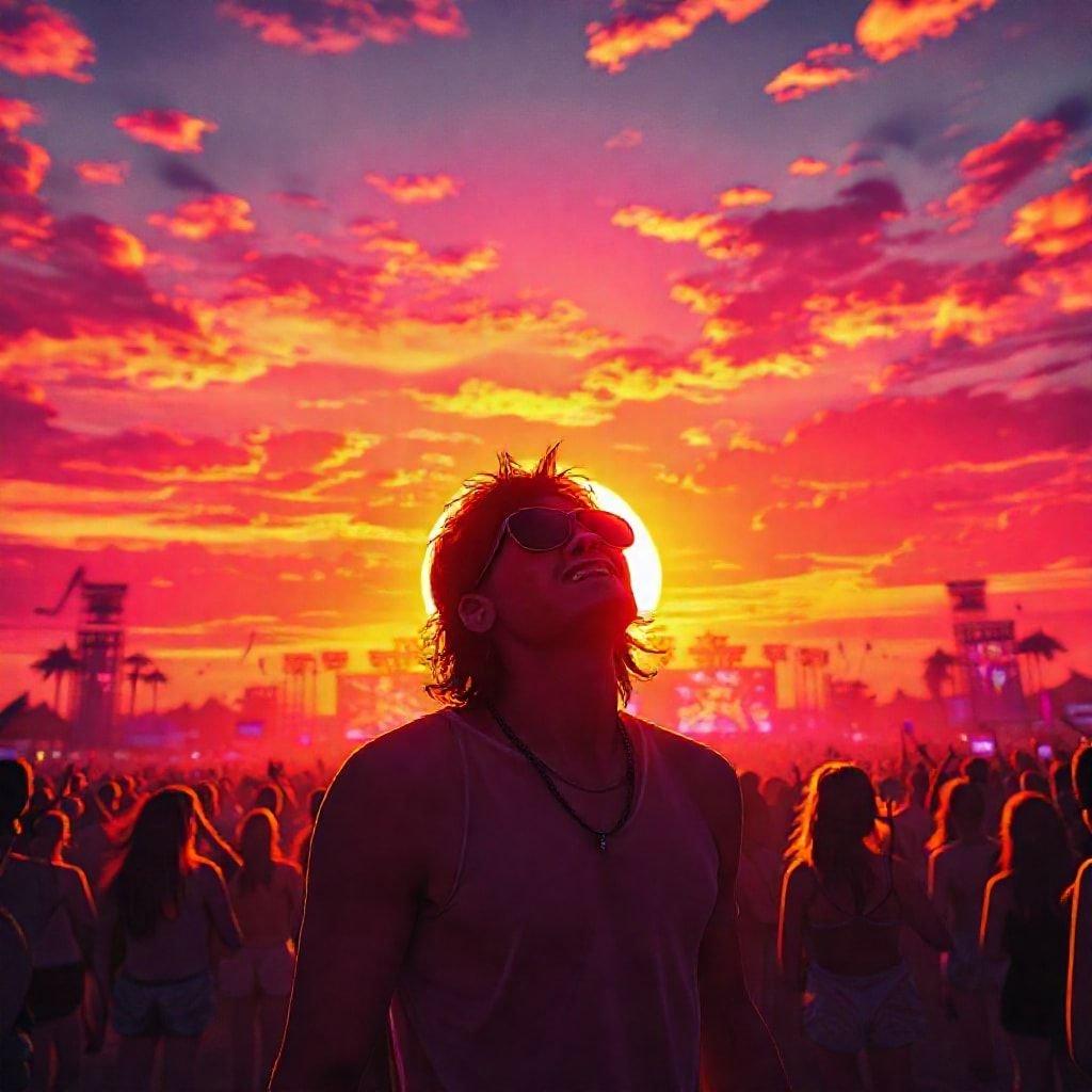 Sunset concert scene with a crowd of music enthusiasts, under an intense purple sky, illuminated by stage lights