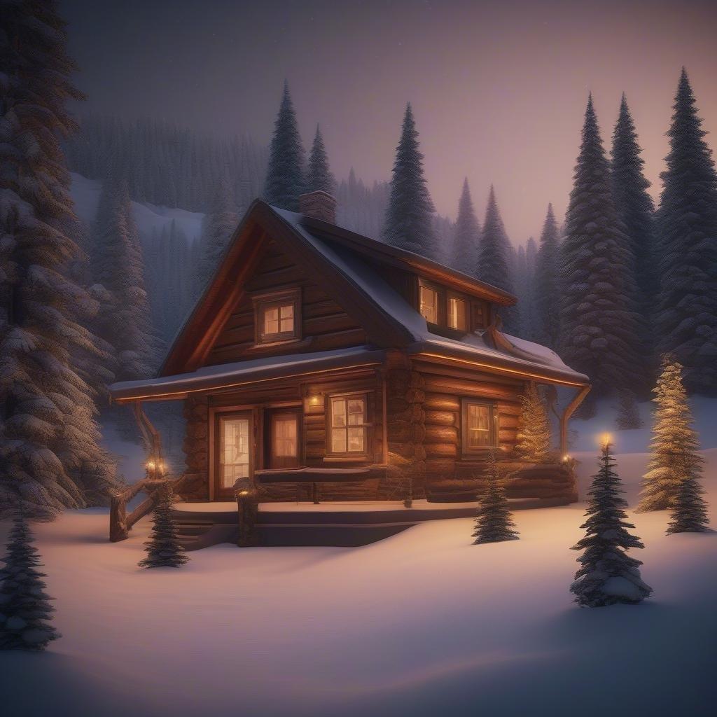 A cozy cabin nestled in the woods, with snow blanketing the ground and trees. A warm light illuminates from within, inviting on a cold winter night.