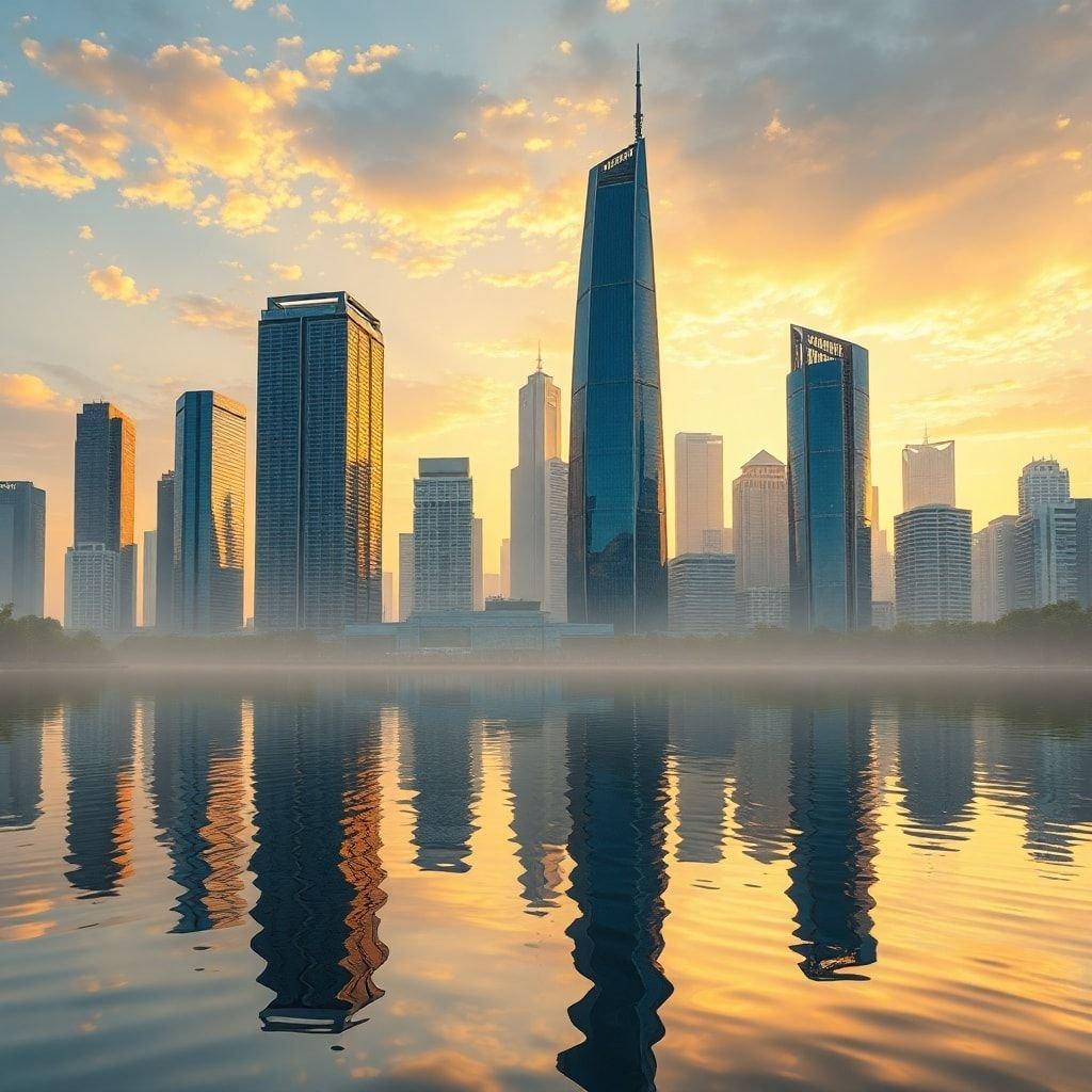 A stunning city skyline at sunset, with towering skyscrapers and a vibrant atmosphere.