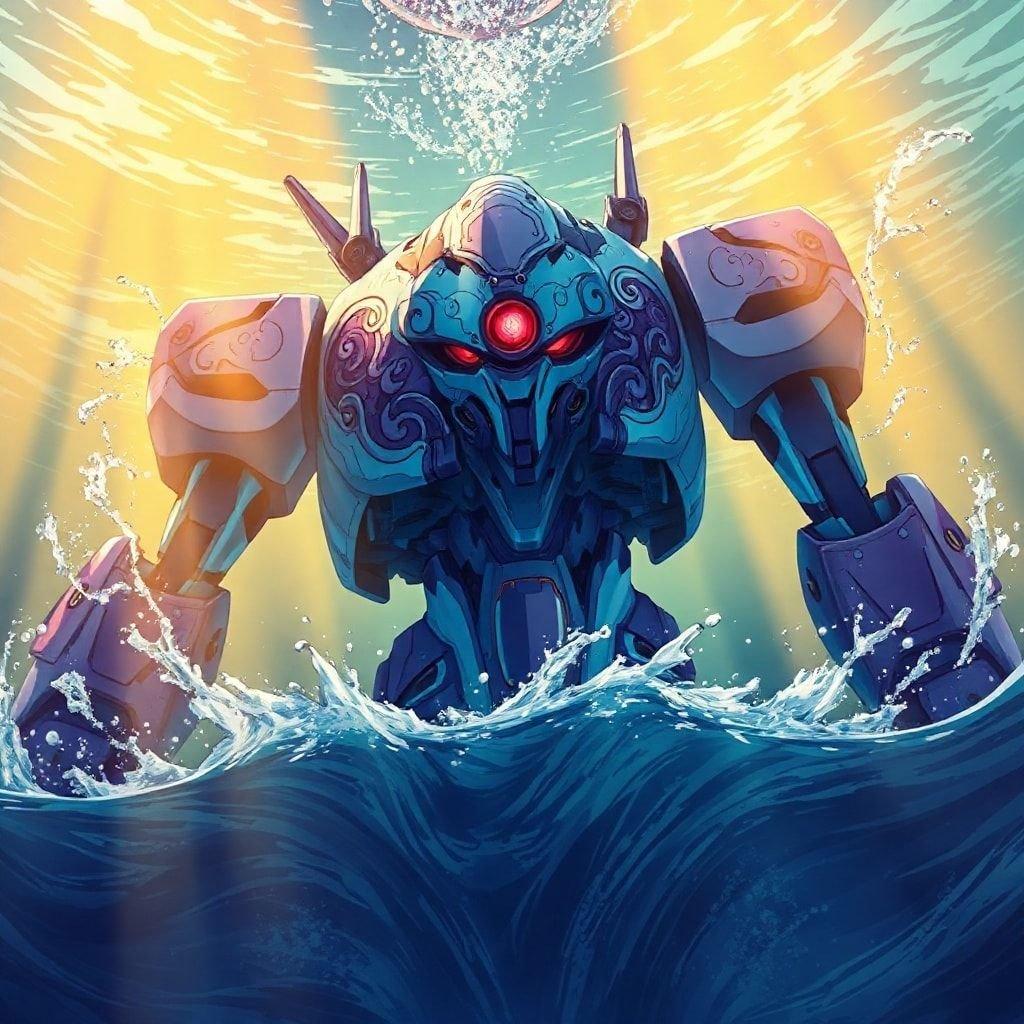 Questa straordinaria illustrazione anime presenta un robot mecha che emerge dalle profondità dell'oceano, il suo corpo è una miscela ipnotizzante di tonalità blu e viola, adornato con intricati motivi e un occhio rosso luminoso. Il caldo bagliore della scena sottomarina accentua il design futuristico del robot, creando un'esperienza visiva affascinante.