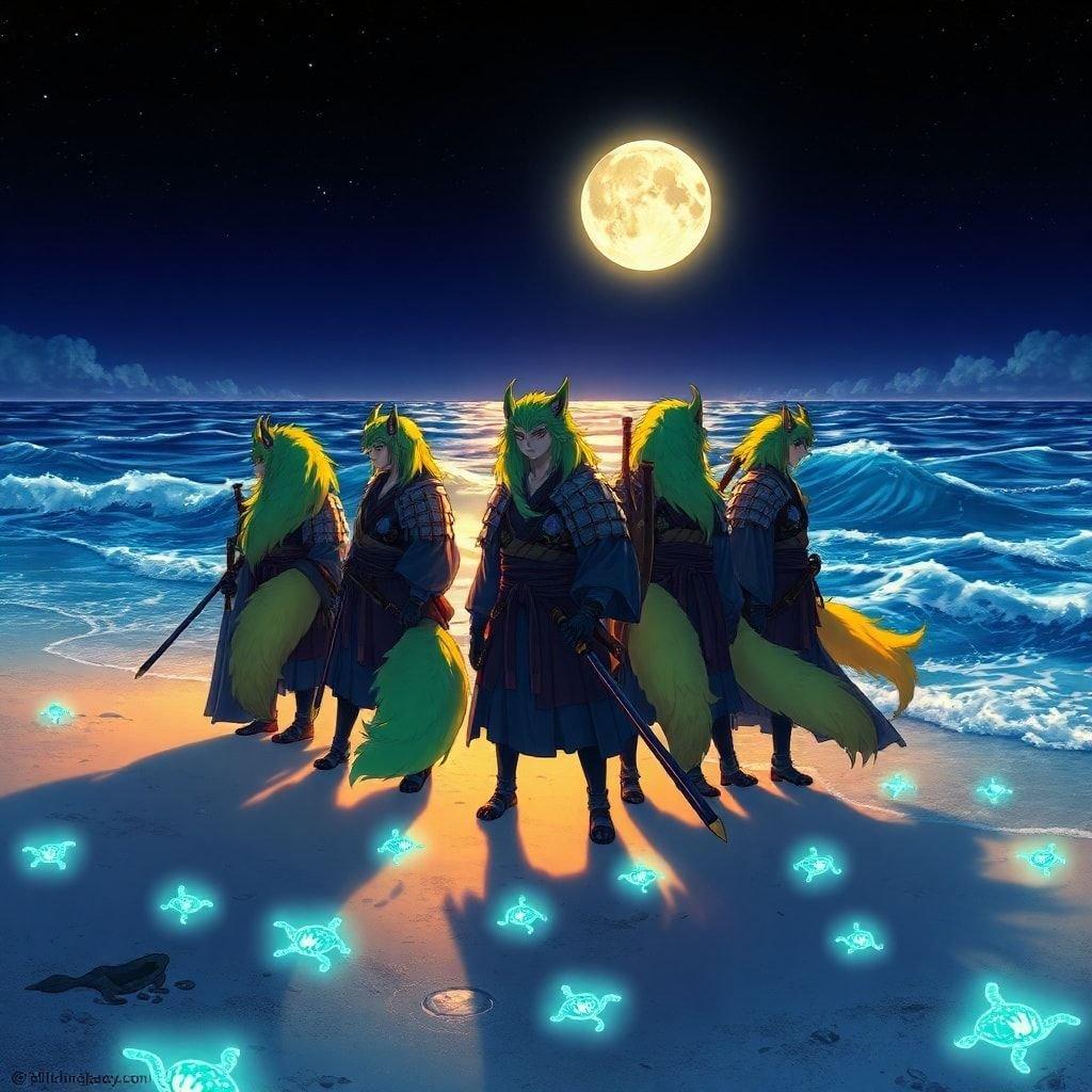 This anime wallpaper features a group of samurai standing on a moonlit beach, surrounded by bioluminescent creatures.